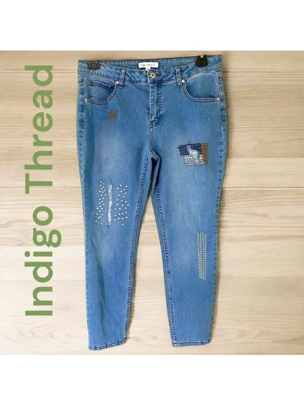 Indigo Thread Co.-size 12 embellished/distressed jean. Crop. light/med wash. EUC